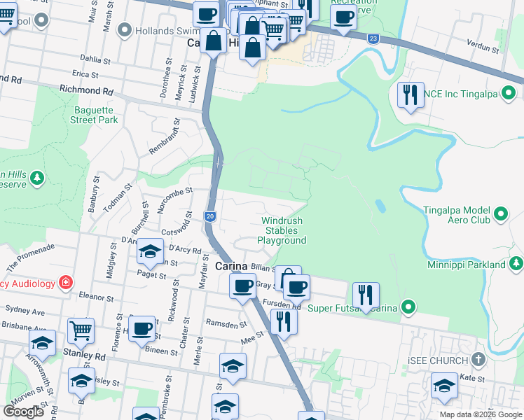 map of restaurants, bars, coffee shops, grocery stores, and more near 1 Ettrick Court in Carina