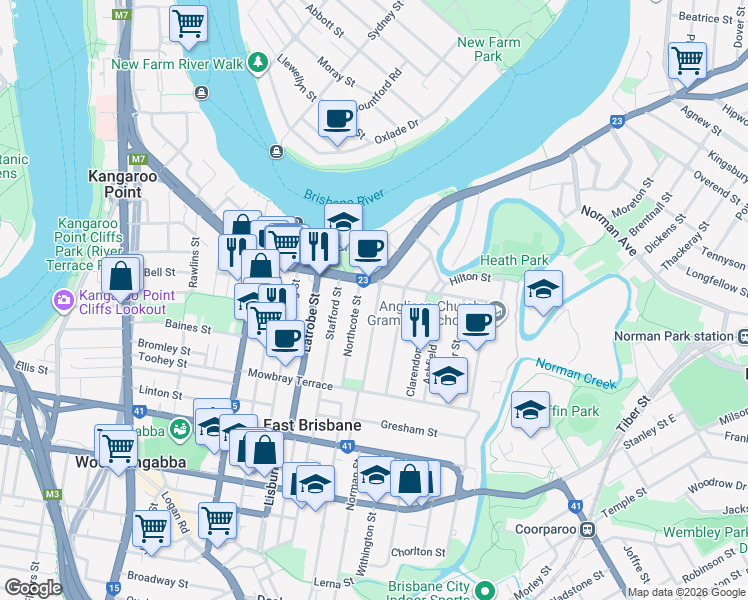 map of restaurants, bars, coffee shops, grocery stores, and more near 68 Heidelberg Street in East Brisbane