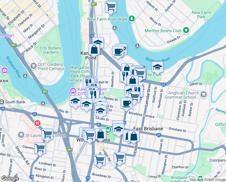 map of restaurants, bars, coffee shops, grocery stores, and more near 184 Wellington Road in Kangaroo Point