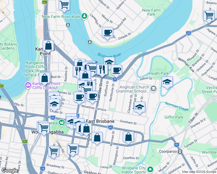 map of restaurants, bars, coffee shops, grocery stores, and more near 59 Stafford Street in East Brisbane