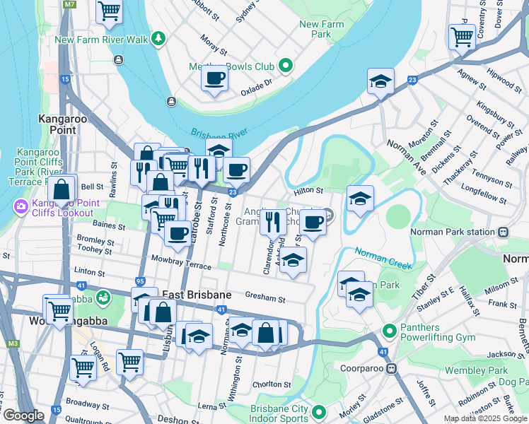 map of restaurants, bars, coffee shops, grocery stores, and more near 69 Burlington Street in East Brisbane