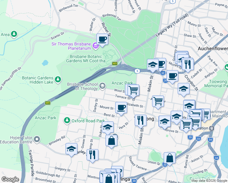 map of restaurants, bars, coffee shops, grocery stores, and more near 42 Wool Street in Toowong