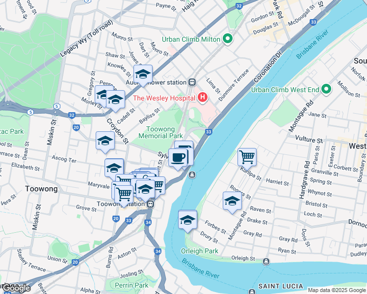 map of restaurants, bars, coffee shops, grocery stores, and more near 9 Land Street in Toowong