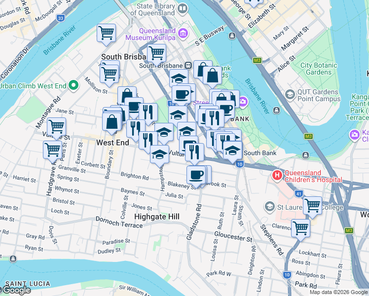map of restaurants, bars, coffee shops, grocery stores, and more near 150 Vulture Street in South Brisbane