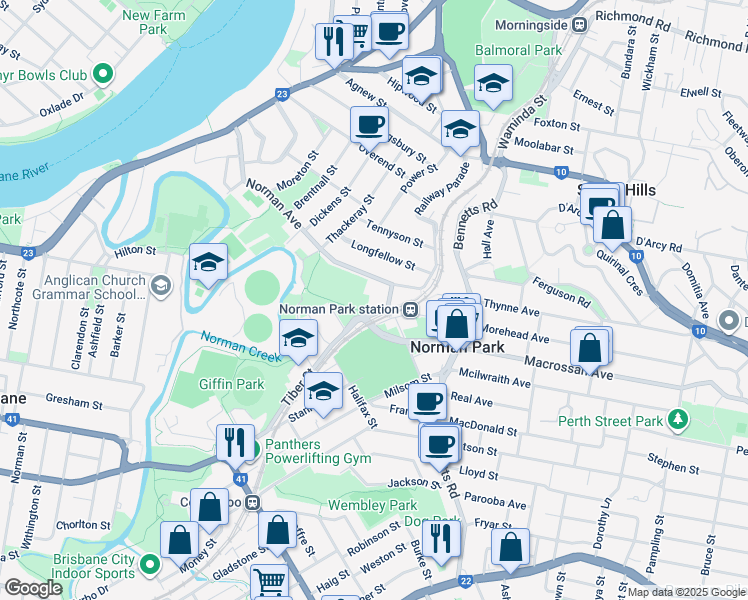 map of restaurants, bars, coffee shops, grocery stores, and more near 13 Vectis Street in Norman Park