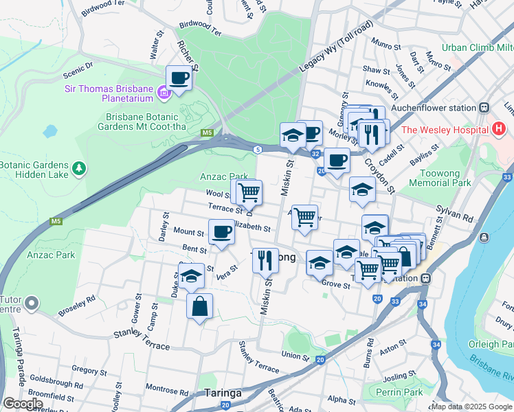 map of restaurants, bars, coffee shops, grocery stores, and more near 8 Wool Street in Toowong