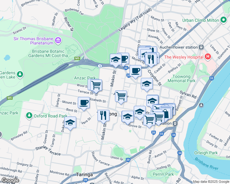 map of restaurants, bars, coffee shops, grocery stores, and more near 87 Ascog Terrace in Toowong