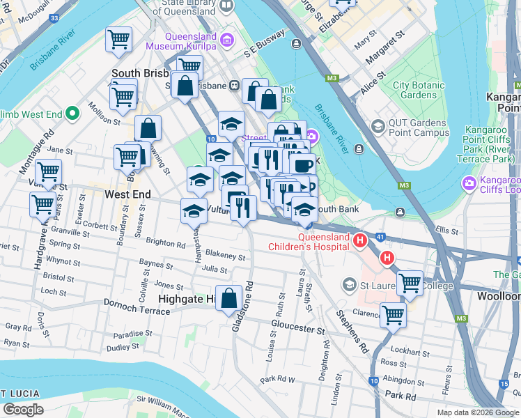 map of restaurants, bars, coffee shops, grocery stores, and more near 72 Cordelia Street in South Brisbane