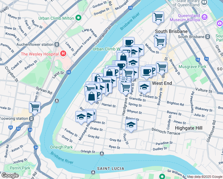 map of restaurants, bars, coffee shops, grocery stores, and more near 320 Montague Road in West End