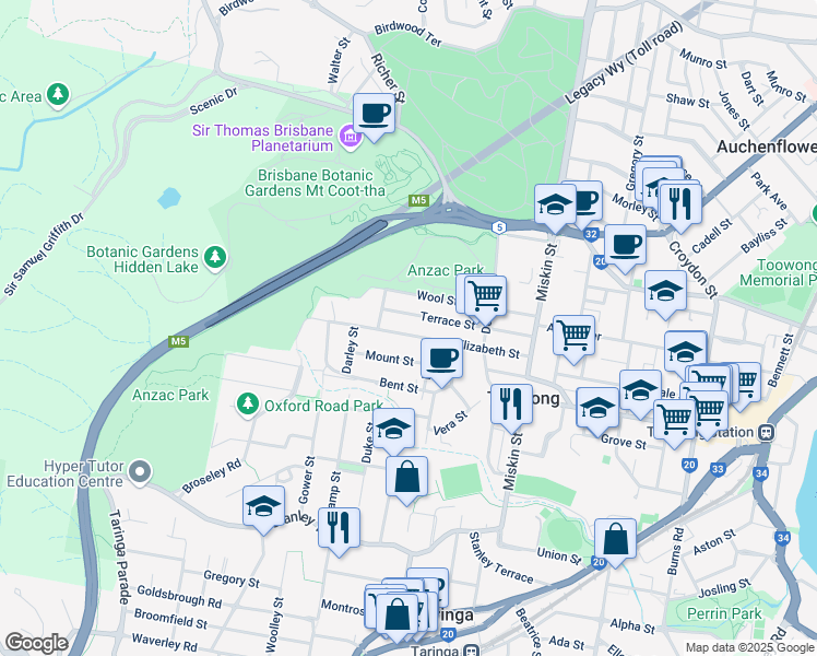 map of restaurants, bars, coffee shops, grocery stores, and more near 43 Elizabeth Street in Toowong