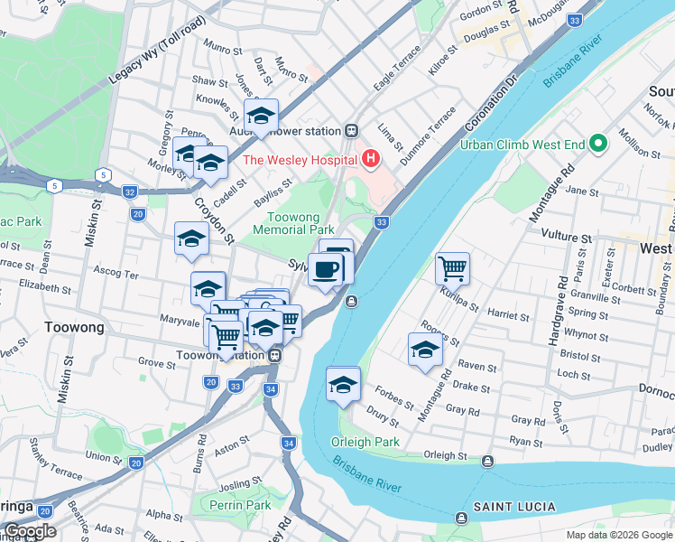 map of restaurants, bars, coffee shops, grocery stores, and more near 9 Sylvan Road in Toowong