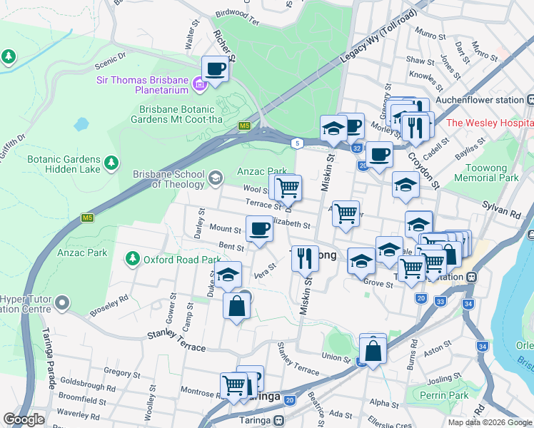 map of restaurants, bars, coffee shops, grocery stores, and more near 27 Elizabeth Street in Toowong
