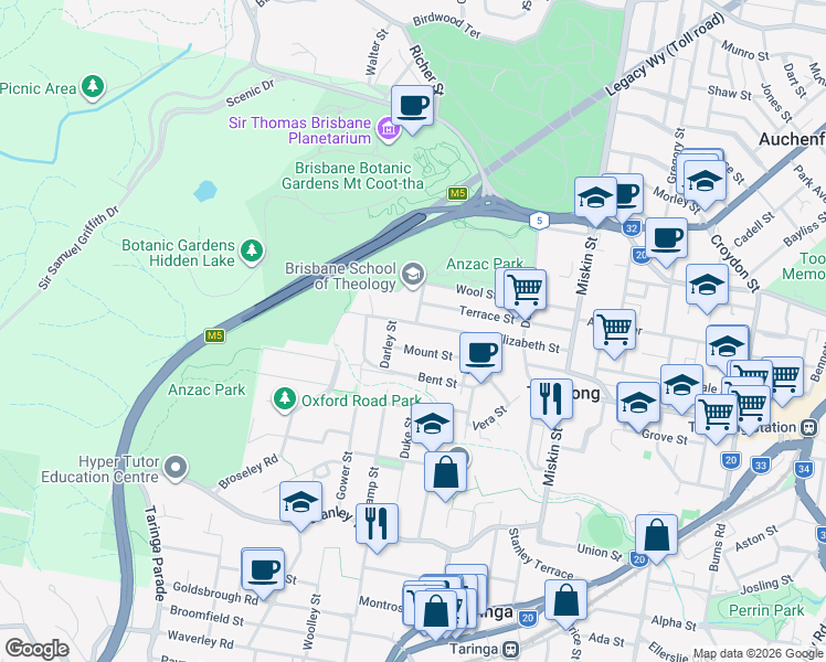 map of restaurants, bars, coffee shops, grocery stores, and more near 62 Elizabeth Street in Toowong