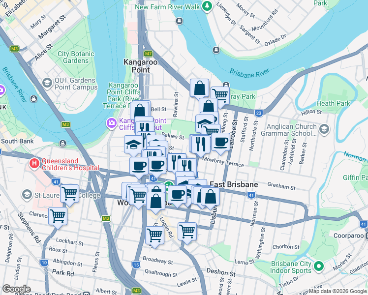 map of restaurants, bars, coffee shops, grocery stores, and more near 27 Neville Street in Kangaroo Point