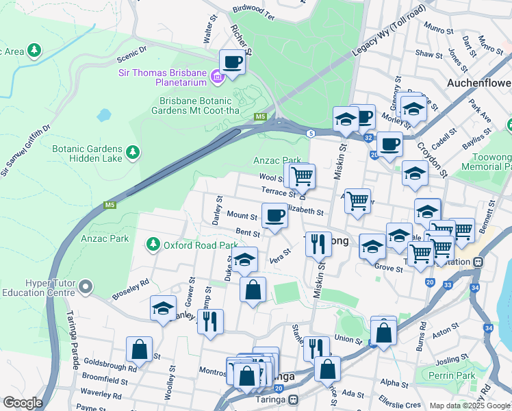 map of restaurants, bars, coffee shops, grocery stores, and more near 48 Elizabeth Street in Toowong