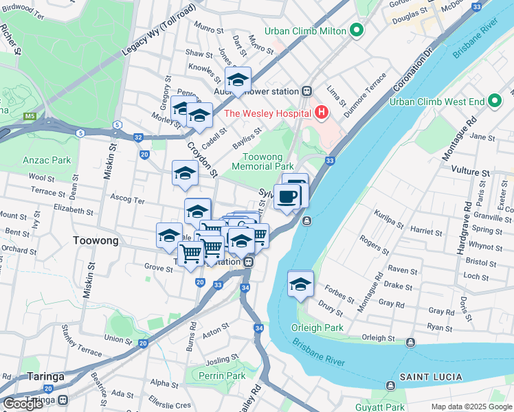 map of restaurants, bars, coffee shops, grocery stores, and more near 3 Bennett Street in Toowong