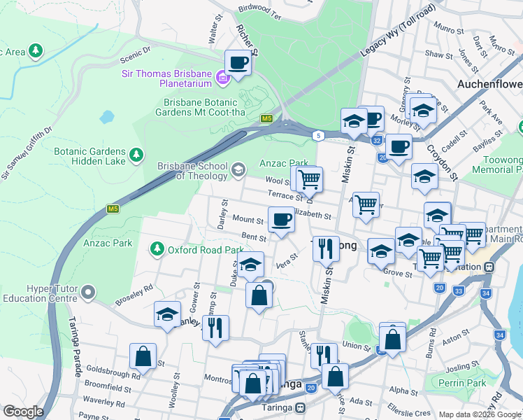 map of restaurants, bars, coffee shops, grocery stores, and more near 48 Elizabeth Street in Toowong