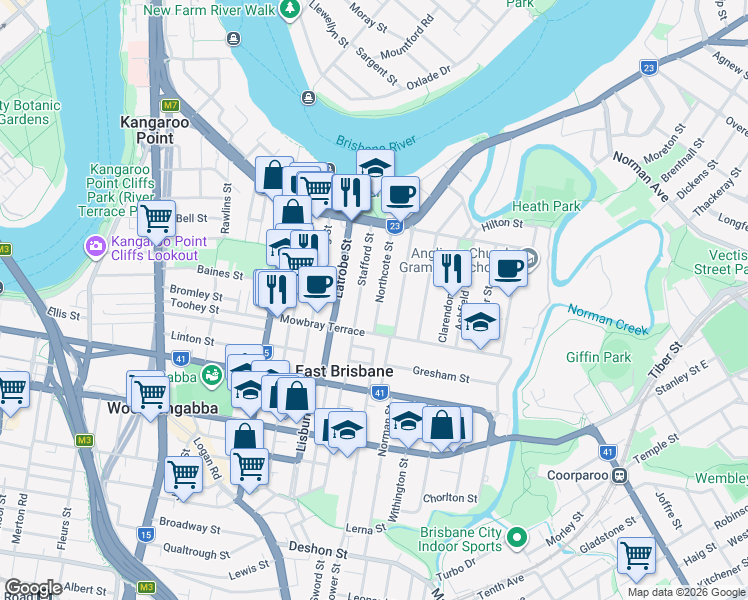map of restaurants, bars, coffee shops, grocery stores, and more near 26 Northcote Street in East Brisbane
