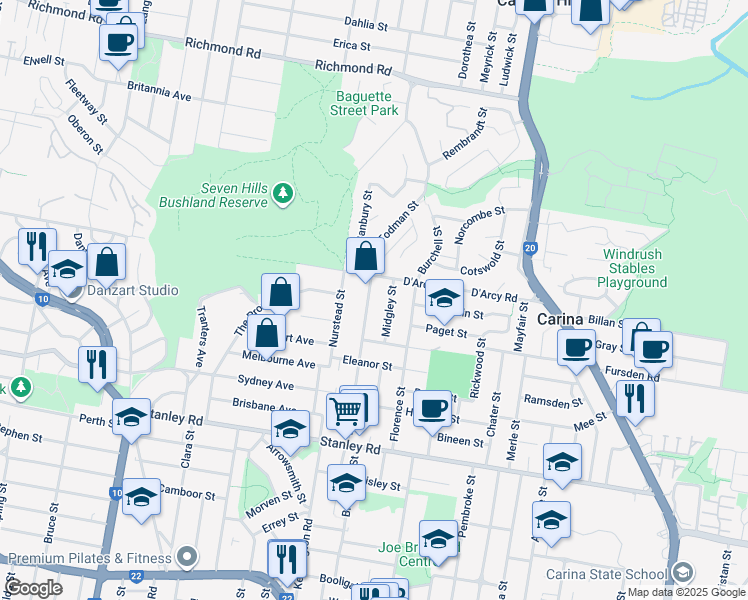 map of restaurants, bars, coffee shops, grocery stores, and more near 115 Lunga Street in Carina