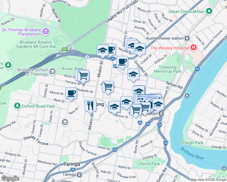 map of restaurants, bars, coffee shops, grocery stores, and more near 8 Explorer Street in Toowong