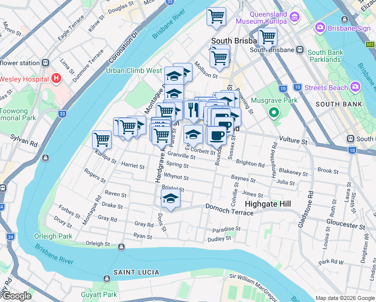 map of restaurants, bars, coffee shops, grocery stores, and more near 44 Corbett Street in West End