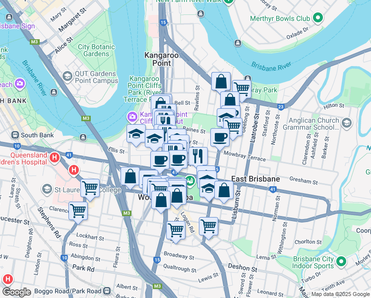 map of restaurants, bars, coffee shops, grocery stores, and more near 23 Toohey Street in Kangaroo Point