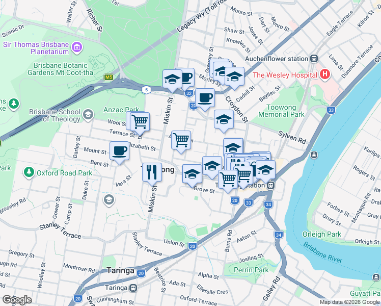 map of restaurants, bars, coffee shops, grocery stores, and more near 16 Explorer Street in Toowong