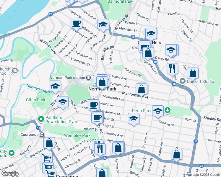 map of restaurants, bars, coffee shops, grocery stores, and more near 20 Macrossan Avenue in Norman Park