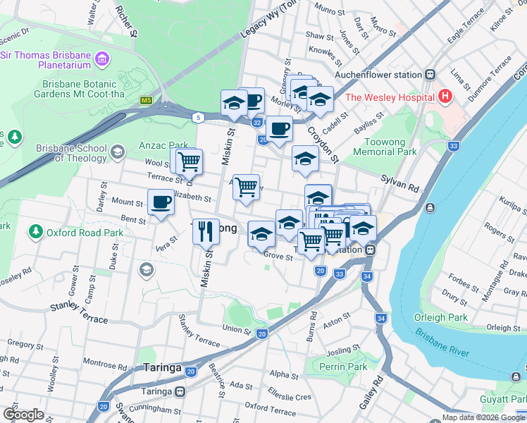 map of restaurants, bars, coffee shops, grocery stores, and more near 57 Maryvale Street in Toowong