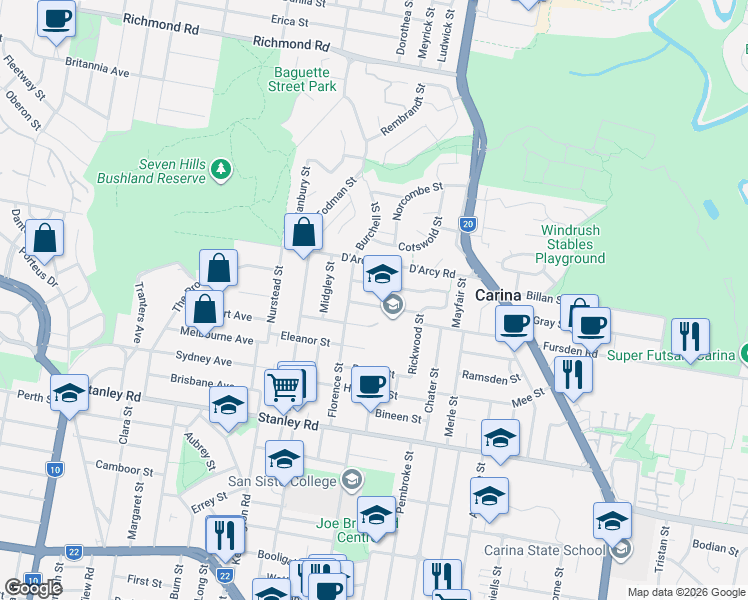 map of restaurants, bars, coffee shops, grocery stores, and more near 20 Paget Street in Carina