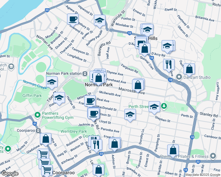 map of restaurants, bars, coffee shops, grocery stores, and more near 27 Macrossan Avenue in Norman Park