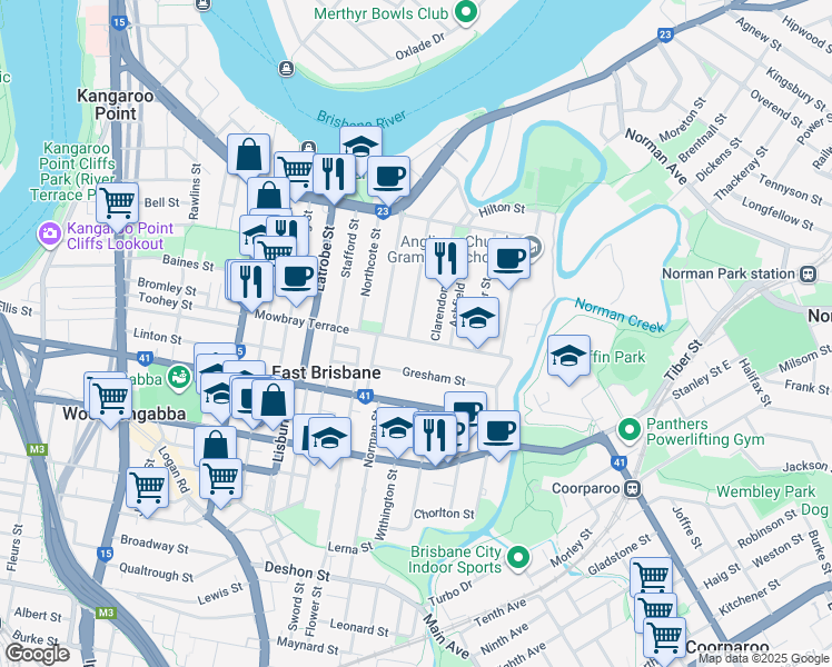 map of restaurants, bars, coffee shops, grocery stores, and more near 90 Mowbray Terrace in East Brisbane