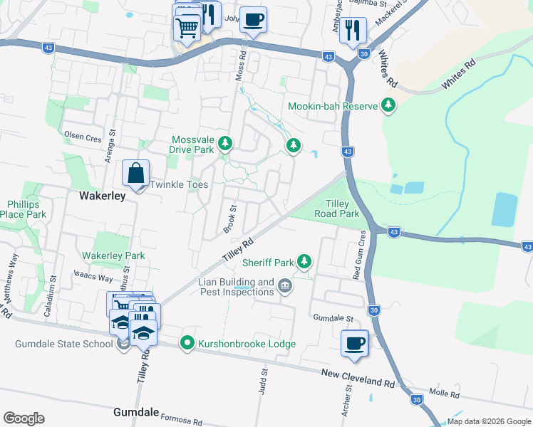 map of restaurants, bars, coffee shops, grocery stores, and more near 8 Thomson Place in Wakerley