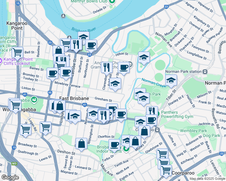 map of restaurants, bars, coffee shops, grocery stores, and more near 116 Mowbray Terrace in East Brisbane