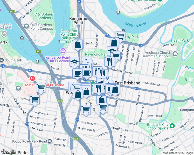 map of restaurants, bars, coffee shops, grocery stores, and more near 75 Linton Street in Kangaroo Point