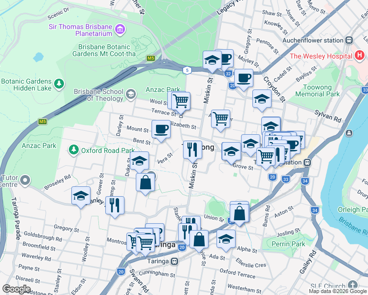 map of restaurants, bars, coffee shops, grocery stores, and more near 150 Sherwood Road in Toowong
