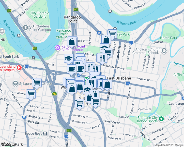 map of restaurants, bars, coffee shops, grocery stores, and more near 83 Linton Street in Kangaroo Point