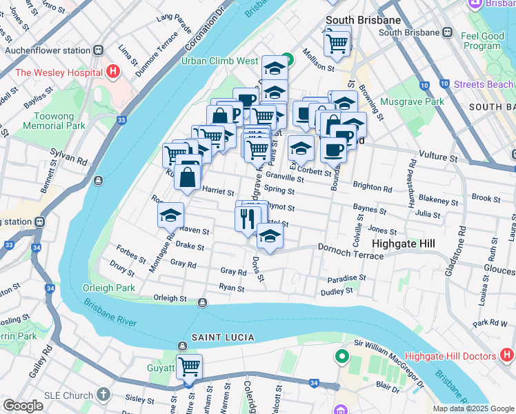 map of restaurants, bars, coffee shops, grocery stores, and more near 134 Hardgrave Road in West End