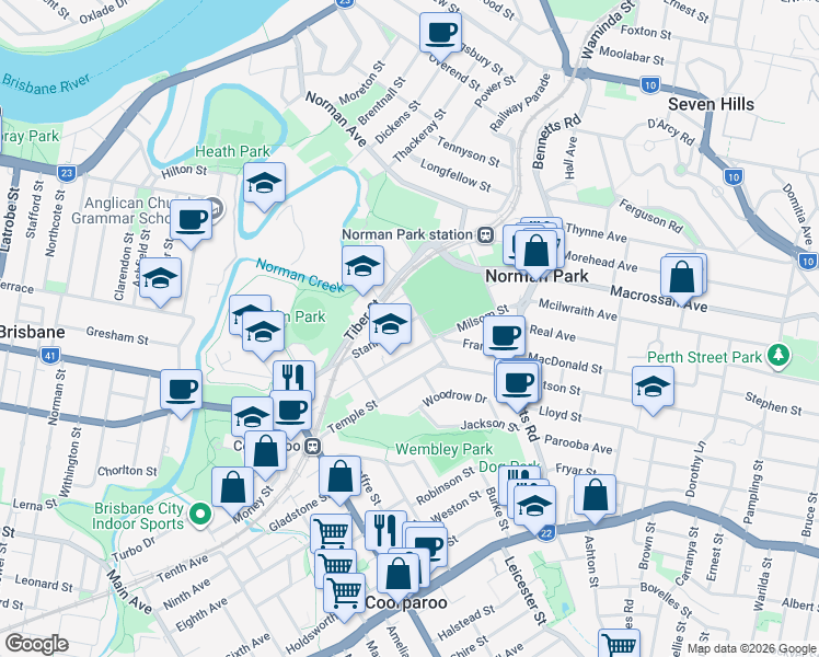 map of restaurants, bars, coffee shops, grocery stores, and more near 1217A Stanley Street East in Coorparoo