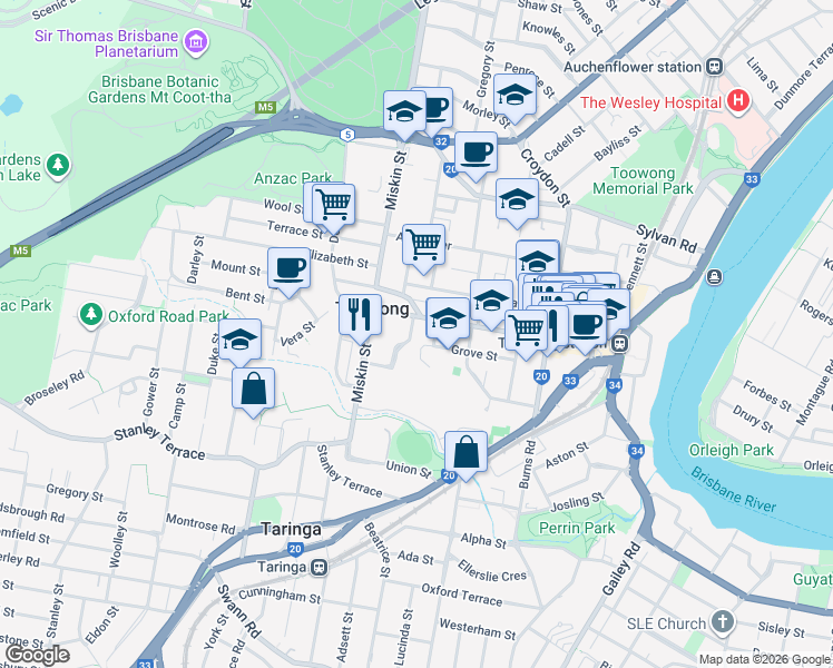 map of restaurants, bars, coffee shops, grocery stores, and more near 16 Dovercourt Road in Toowong