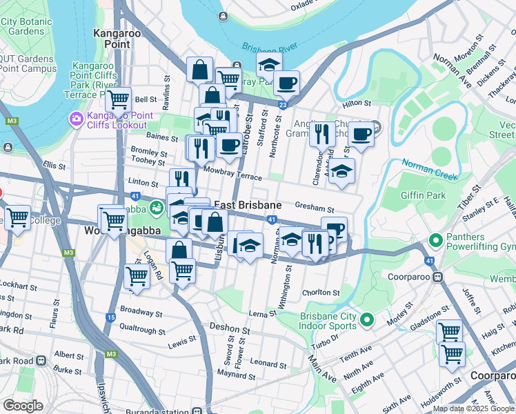 map of restaurants, bars, coffee shops, grocery stores, and more near 7 Lomond Terrace in East Brisbane