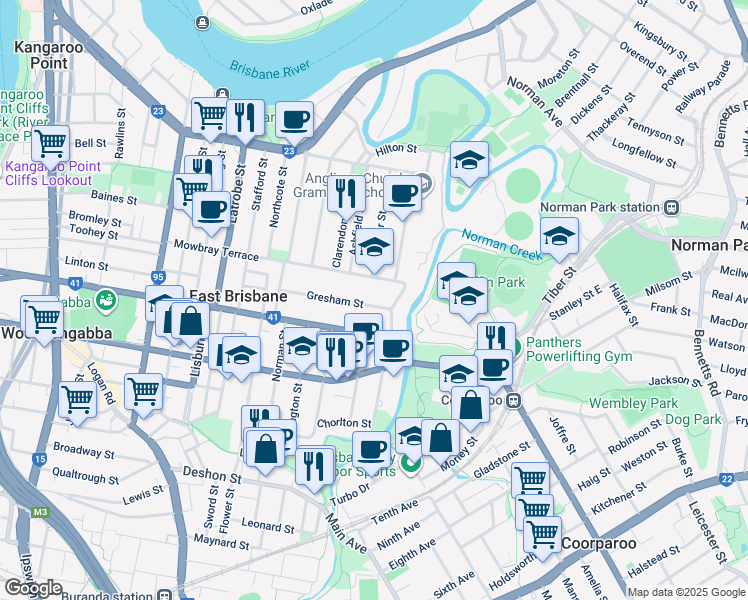map of restaurants, bars, coffee shops, grocery stores, and more near 80 Gresham Street in East Brisbane