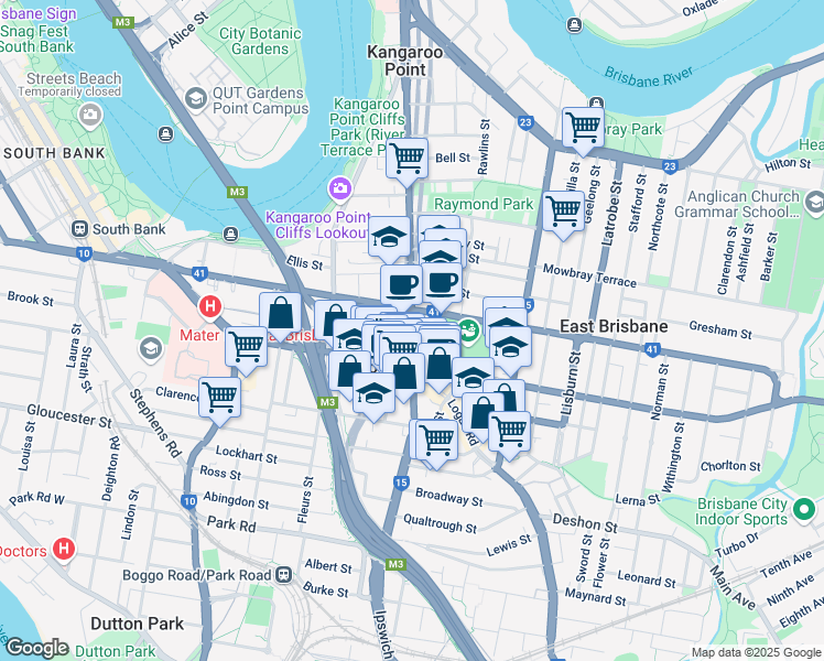 map of restaurants, bars, coffee shops, grocery stores, and more near Main Street in Woolloongabba