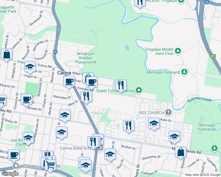 map of restaurants, bars, coffee shops, grocery stores, and more near 12 Wood Avenue in Carina
