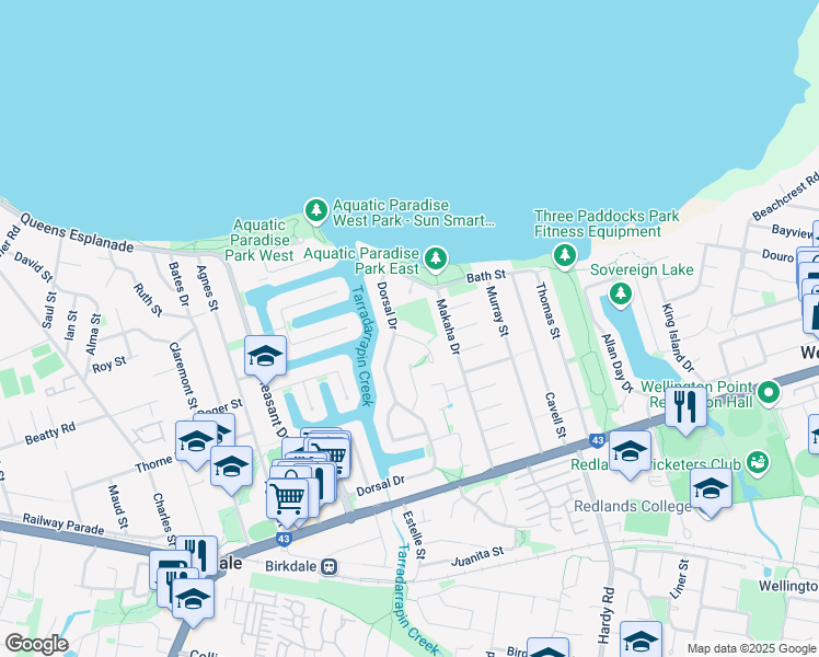 map of restaurants, bars, coffee shops, grocery stores, and more near 19 Swordfish Court in Birkdale