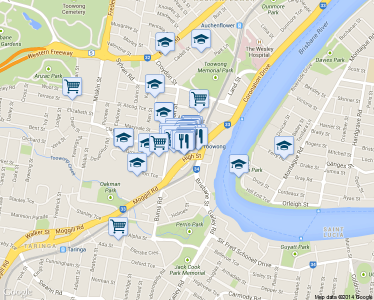 map of restaurants, bars, coffee shops, grocery stores, and more near 35 High Street in Toowong