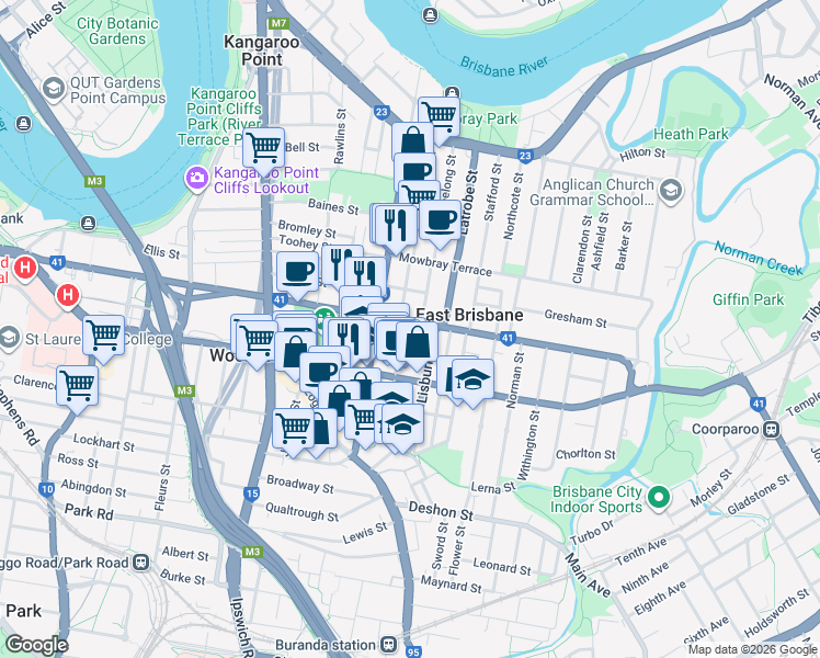 map of restaurants, bars, coffee shops, grocery stores, and more near 23 Potts Street in East Brisbane