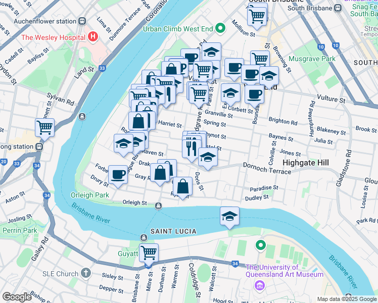 map of restaurants, bars, coffee shops, grocery stores, and more near 159 Hardgrave Road in West End