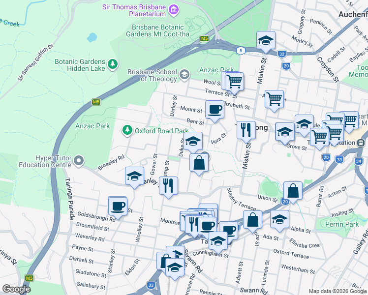map of restaurants, bars, coffee shops, grocery stores, and more near 26 Duke Street in Toowong