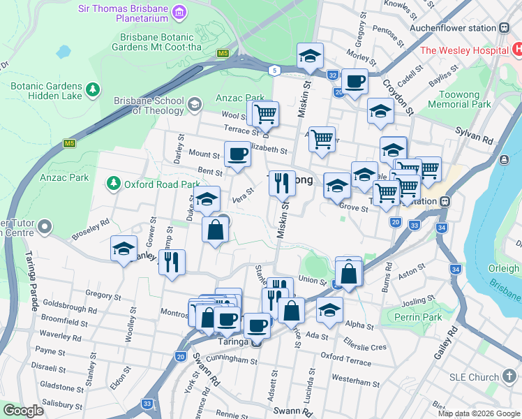 map of restaurants, bars, coffee shops, grocery stores, and more near 55 Fewings Street in Toowong